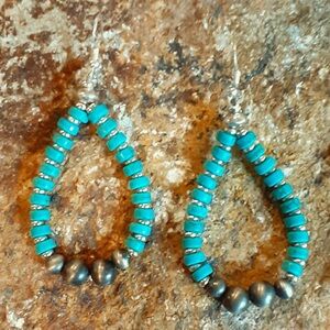 Southwestern Navajo Pearls Turquoise Sterling Silver Hoop Hook Earrings
